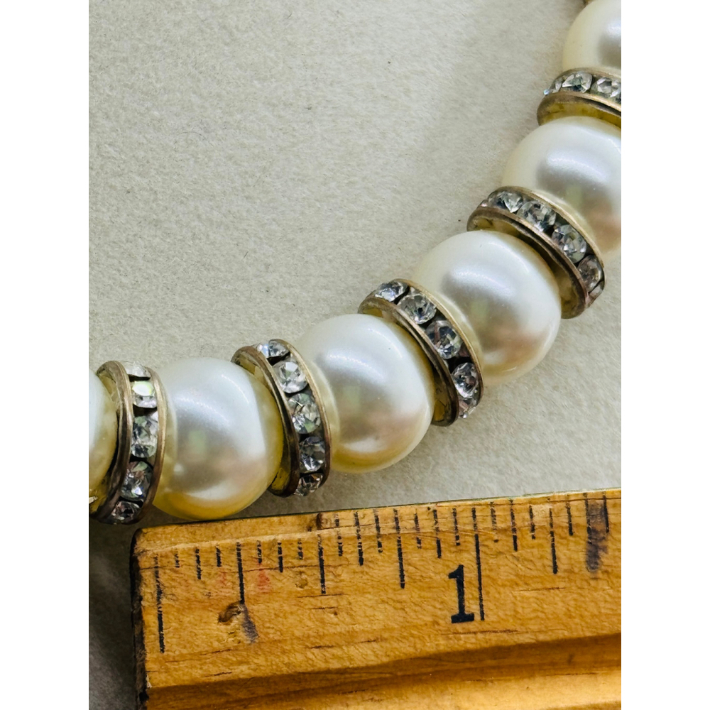 Vtg 90s Glass Faux‎ Pearl And Rhinestone Necklace 15" - Picture 6 of 7